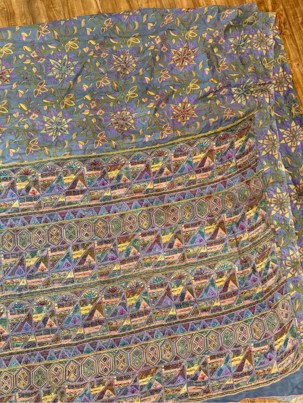 African Wrapper Dress Blue Purple Green Floral & Geometric Print Beaded Fabric - Picture 5 of 7